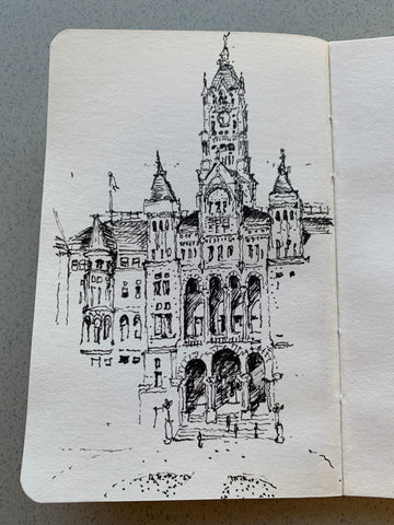 Image of a nearly complete sketch by Eric Jacoby of the Salt Lake City and County Building