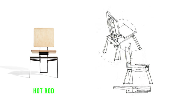 concept sketch and front elevation of Tectonic Folding Chair