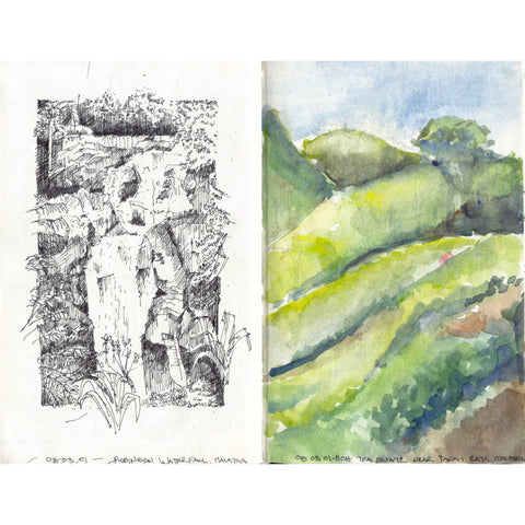 Eric Jacoby sketchbook page including two sketches, one pen drawing of a waterfall, and one watercolor of rolling green hills