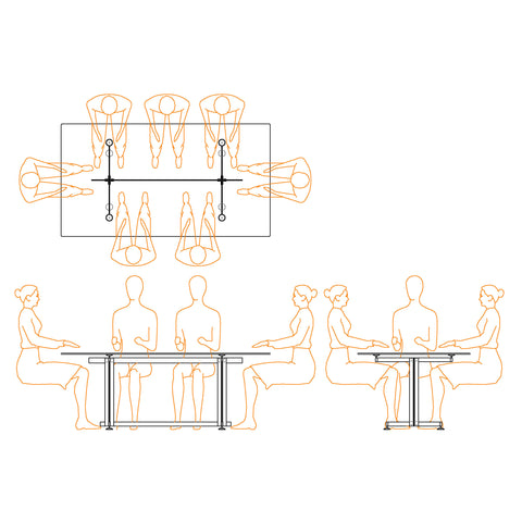 Plan, Section, and Elevation line drawings of the Eric Jacoby Design Tectonic Dining Table illustrating how the table woks well for either six or eight people. 