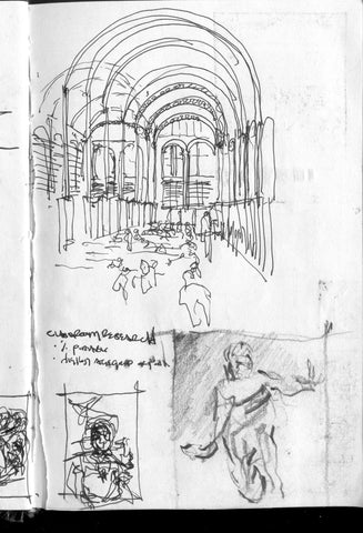 Image of a multi-image, multi-media travel sketches by Eric Jacoby including an interior sketch of St Genevieve library in Paris