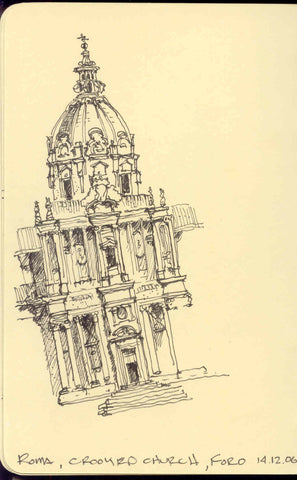 Image of a travel sketch in Rome by Eric Jacoby where the building appears crooked because of an accidentally distorted drawing
