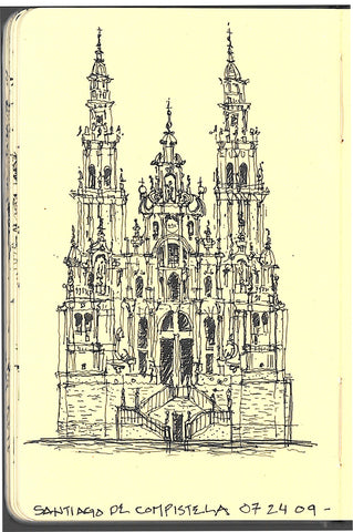 Travel sketch of the main facade of the cathedral in Santiago de Compestela, Spain