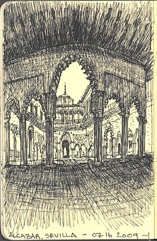 Travel sketch by Eric Jacoby of the inner courtyard of the Alcazar in Sevilla, Spain