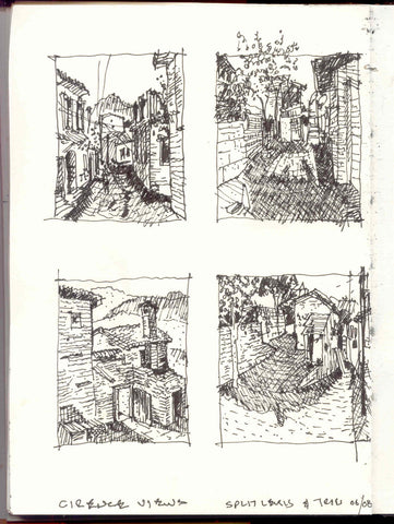 Image of four small, quick sketches by Eric Jacoby of street scenes in Cirence, Turkey. The sketches are composed on a single on a single sketchbook page