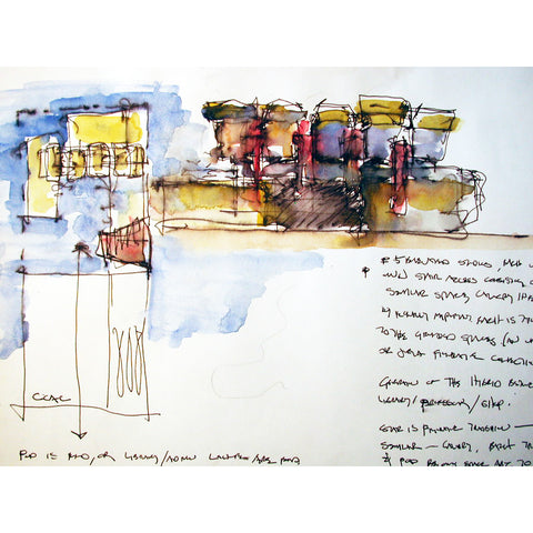 Eric Jacoby architectural design sketch including pen and watercolor