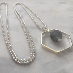 grey quartz necklace with silver hexagon pendant and silver ball chain