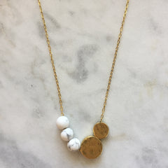 White howlite three bead necklace with gold beads and gold chain