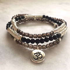 Smoky quartz and Onyx Om gemstone bracelet stack