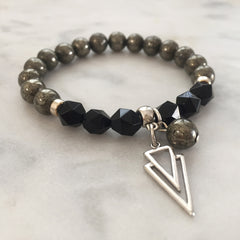 Pyrite and black onyx bracelet with silver triangle charm