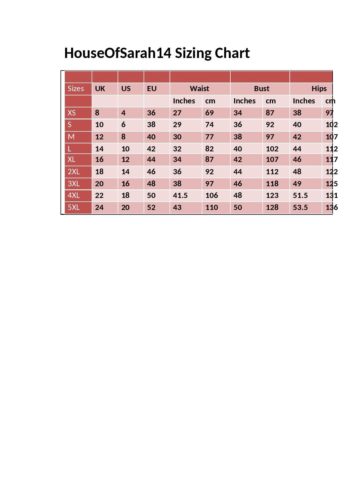 HouseOfSarah14 Sizing Chart