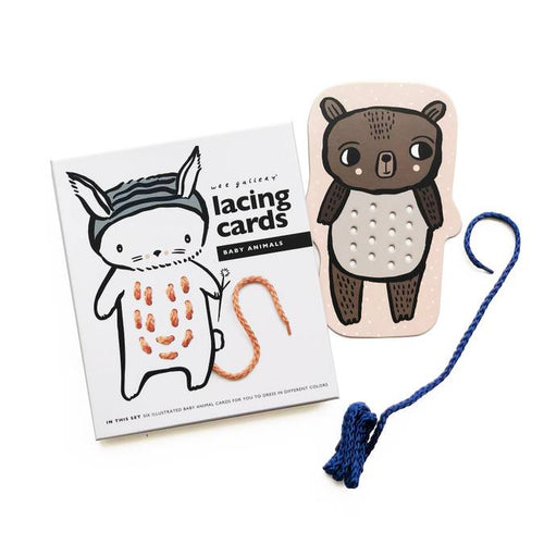 Wee gallery baby animals lacing cards against white backdrop