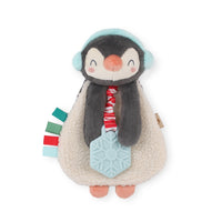 Itzy Ritzy Penguin lovey plush animal and teether toy against white backdrop