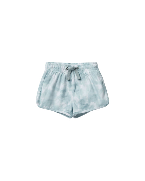 Rylee + Cru Aqua Tie Dye Swim trunk against white backdrop