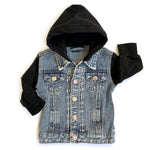 Little Bipsy black hooded denim jacket against white backdrop