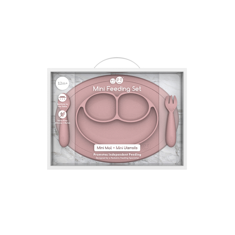 Ezpz blush mini feeding set against white backdrop