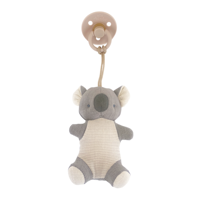 Itzy Ritzy Koala Bitzy Pals Natural rubber pacifier and stuffed animal against white backdrop