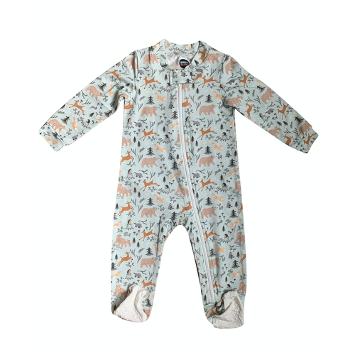 Bird & Bean's forest friends zip up romper against white back drop