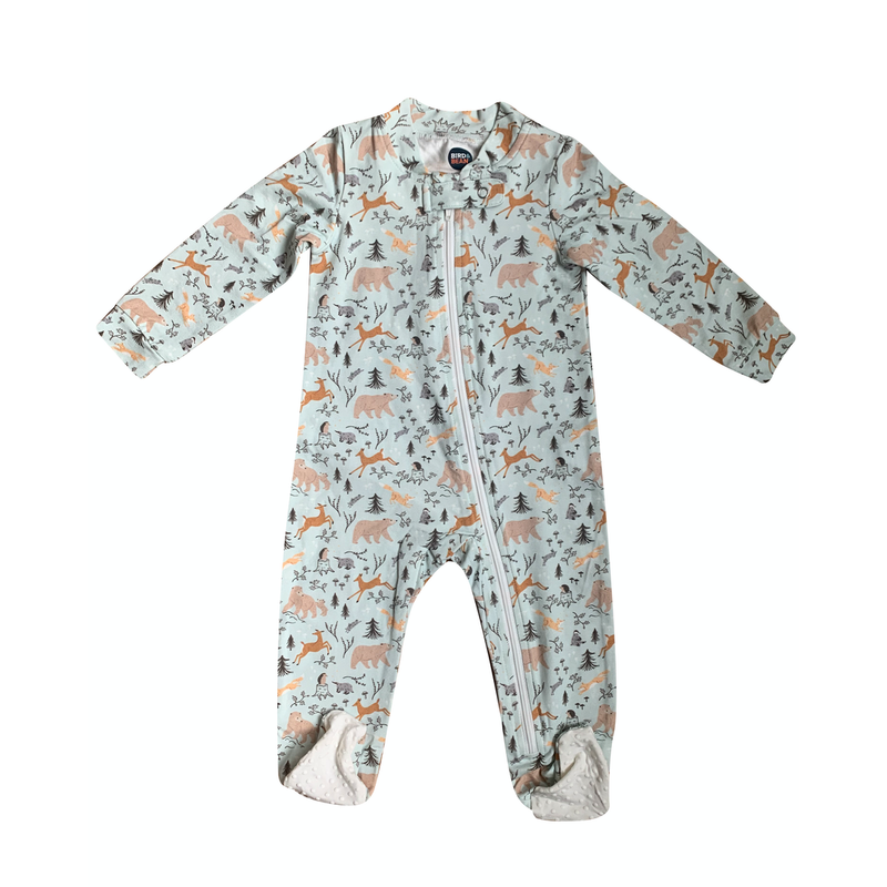 Bird & Bean's forest friends zip up romper against white back drop