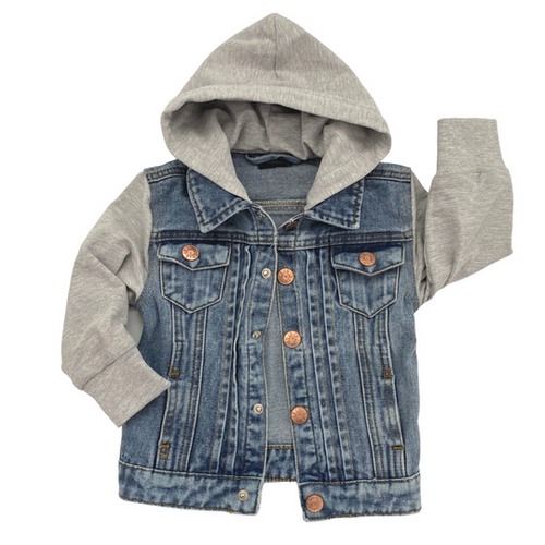 Little Bipsy Grey hooded denim jacket against white backdrop