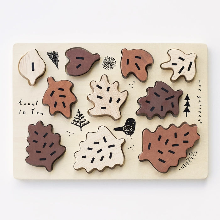 Wee Gallery count to 10 leaves wooden tray puzzles against white backdrop