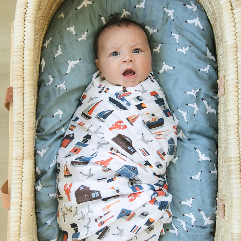 Nautical + Seagulls Single Oh-So-Soft Muslin Swaddle Blanket