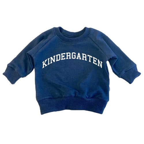 Portage and Main navy kindergarten sweatshirt against white backdrop