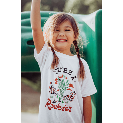 Little Rad Things Rockstar tee model by little girl in lifestyle imagine