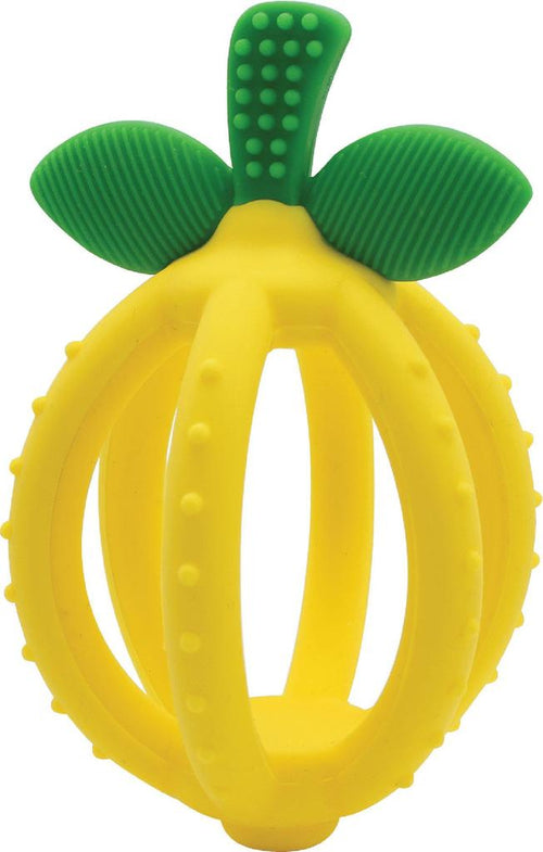 Itzy Ritzy lemon drop teething ball against white backdrop