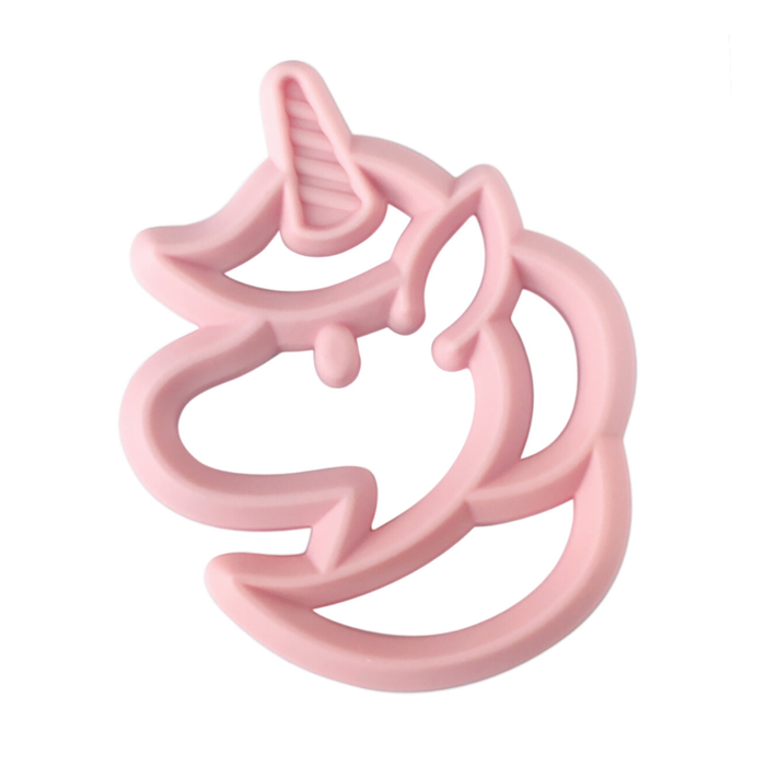 Itzy Ritzy light pink unicorn silicone teether against white backdrop