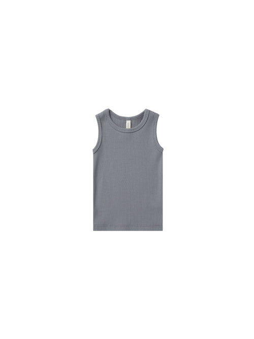 Quincy Mae Washed indigo ribbed tank top against white backdrop