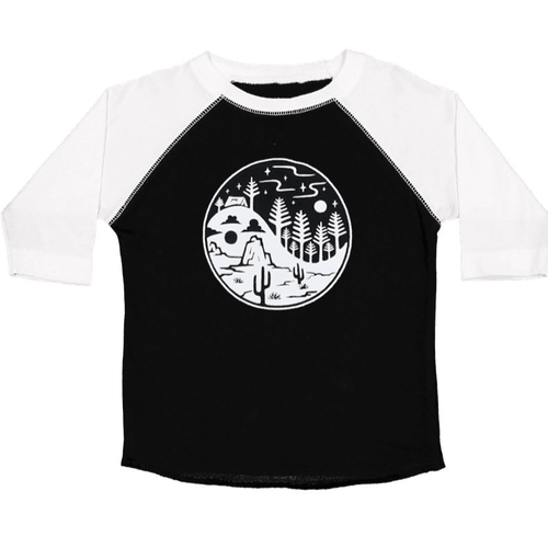 Little Rad Things Yin Yang Baseball tee against white backdrop