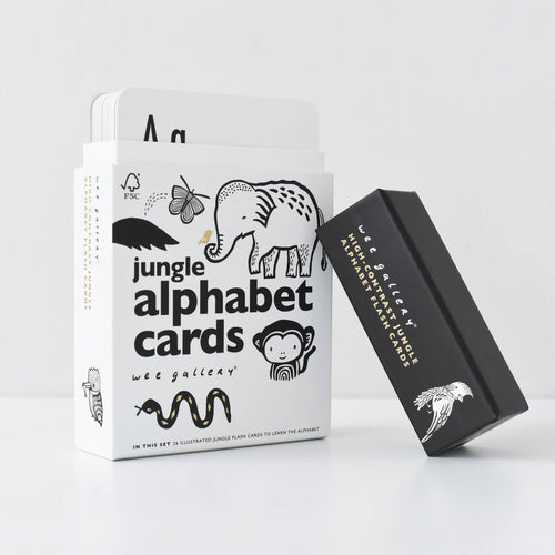 Wee Gallery Jungle alphabet cards against white backdrop