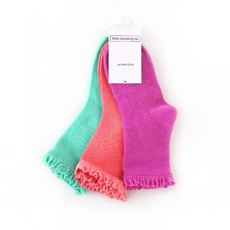 Little Stocking Co. tropical midi 3-pack socks against white backdrop