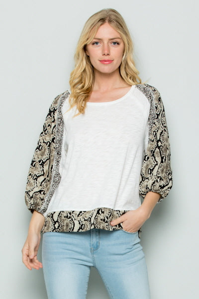 T3029 Snake Skin Print Mix Sleeve Top - White