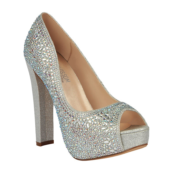 silver glitter open toe heels