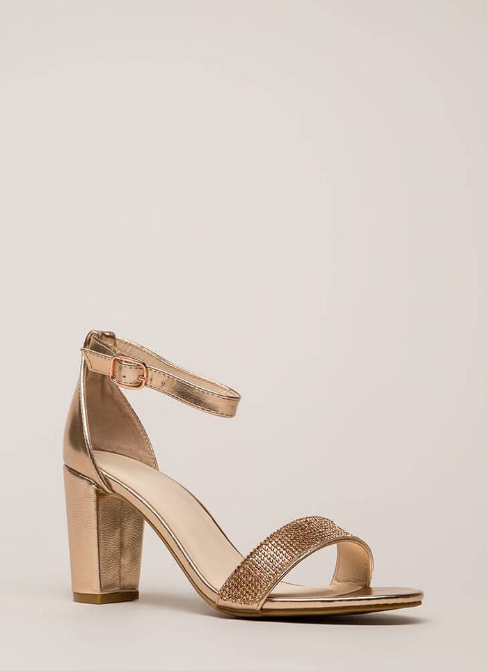 gold ankle strap block heels