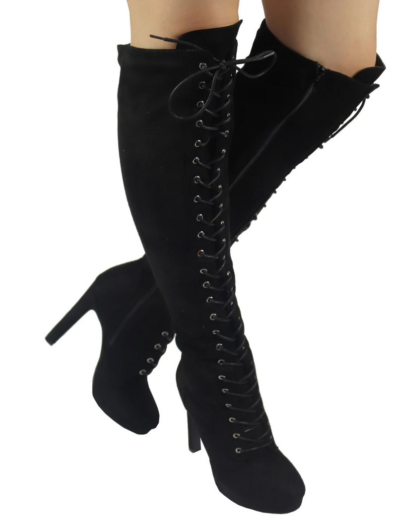 black lace up platform heeled boots