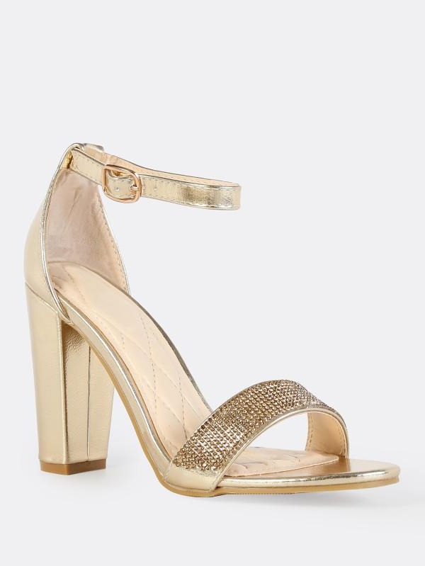 gold ankle strap block heels