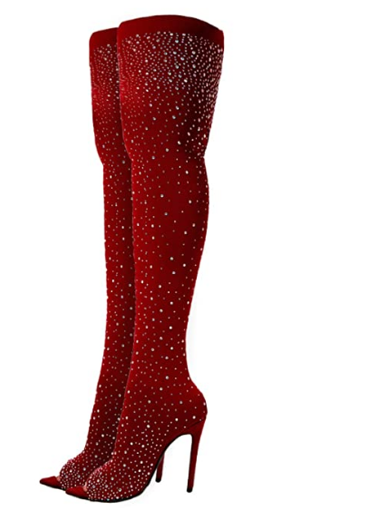 red thigh high peep toe boots