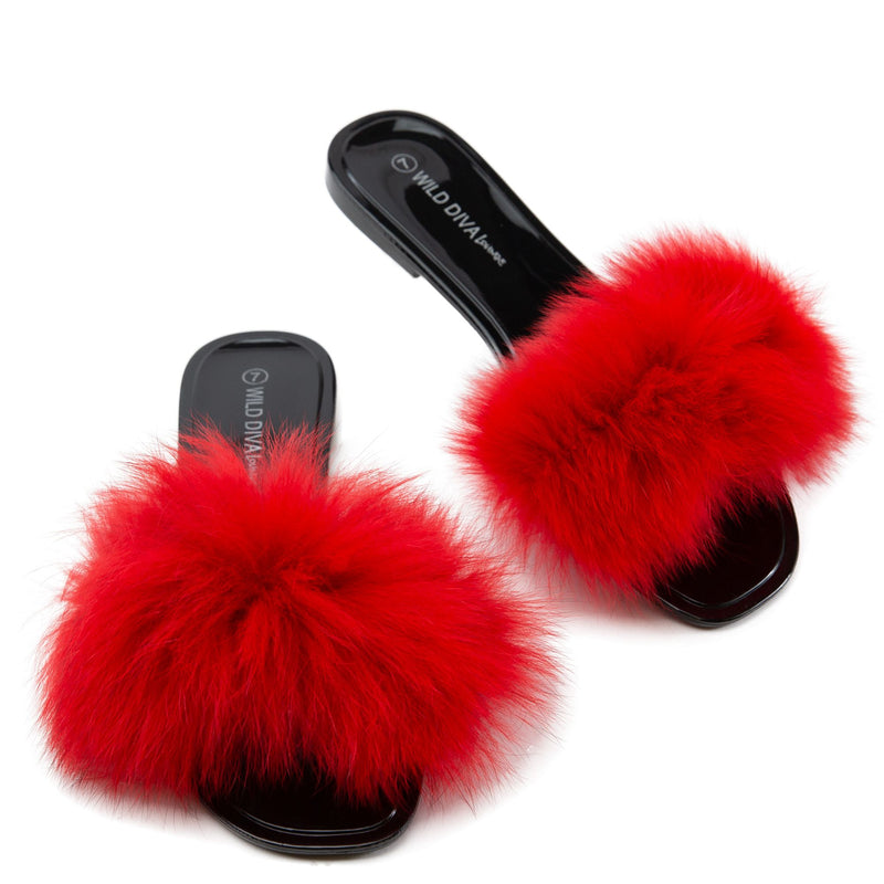 red fur shoes