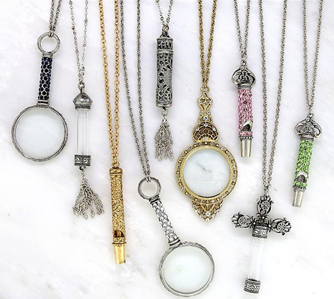 1928 vintage antique magnifying glass and whistle necklaces 