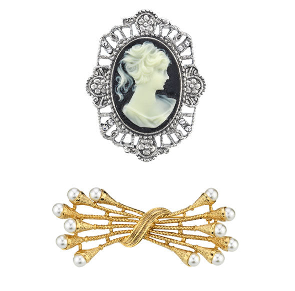 Two Vintage silver and gold brooches with white pearls