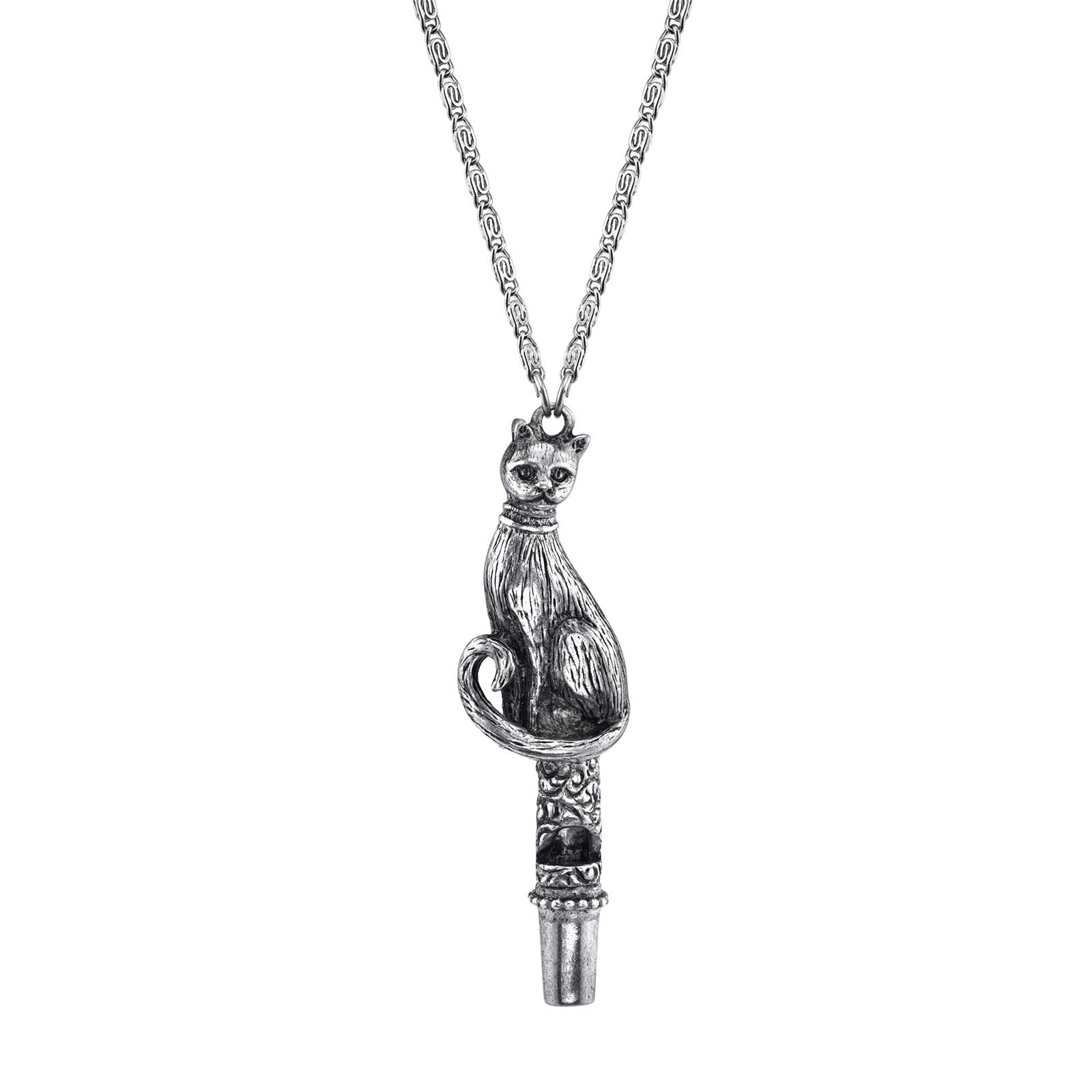 30 1928 Jewelry Antiqued Pewter Tone Cat Whistle Pendant Necklace 