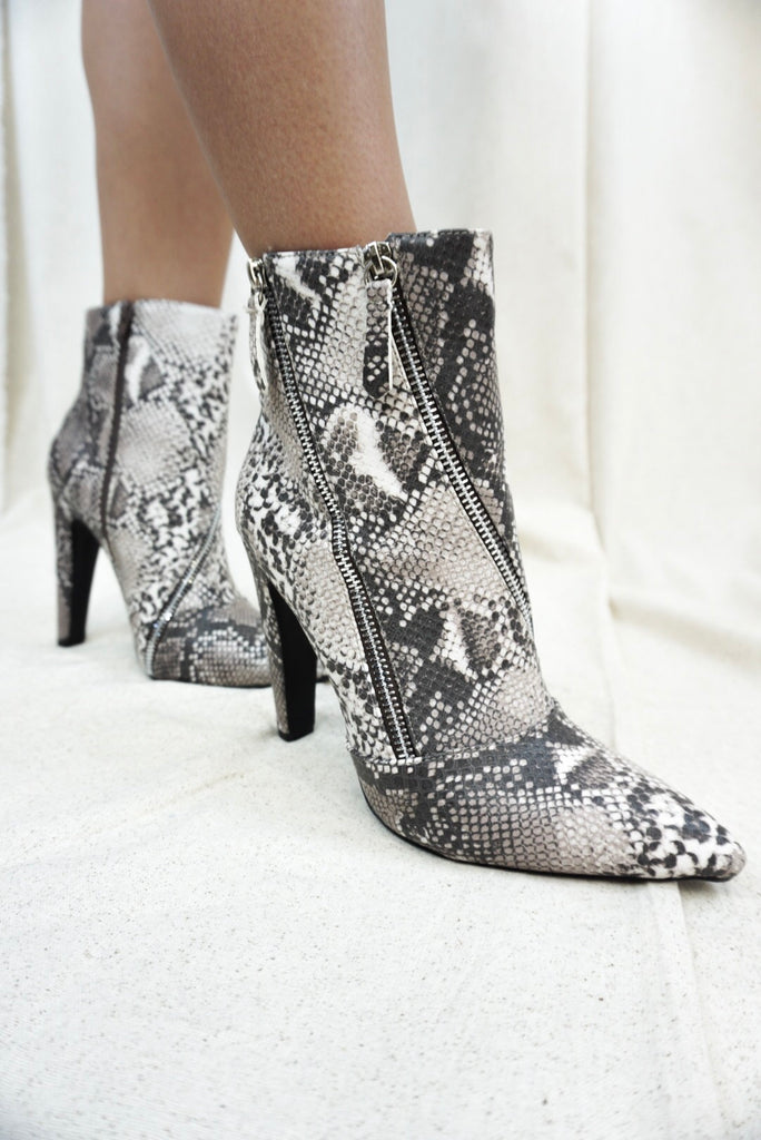 snake print heel booties