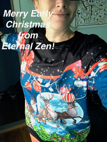 ugly christmas sweaters worn by Eternal Zen founder Kaie Funk