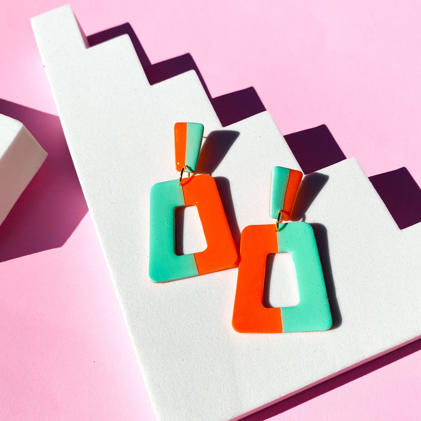 Night Moves Atelier - Polymer Clay Duo-Toned Dangle Earrings in Mint and Orange