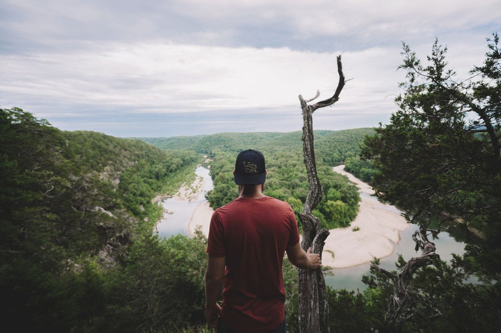 Overlooking the Buffalo River in the Ozarks wearing Bull in Black from Banner & Oak