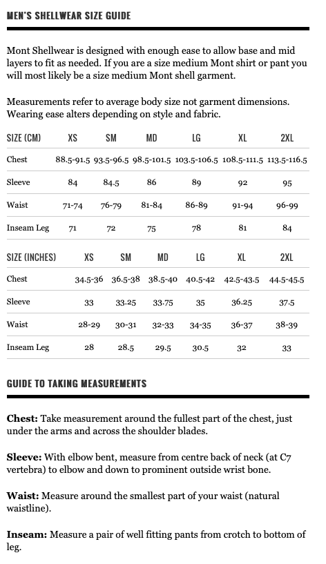 Mont Men's Shellwear Size Chart