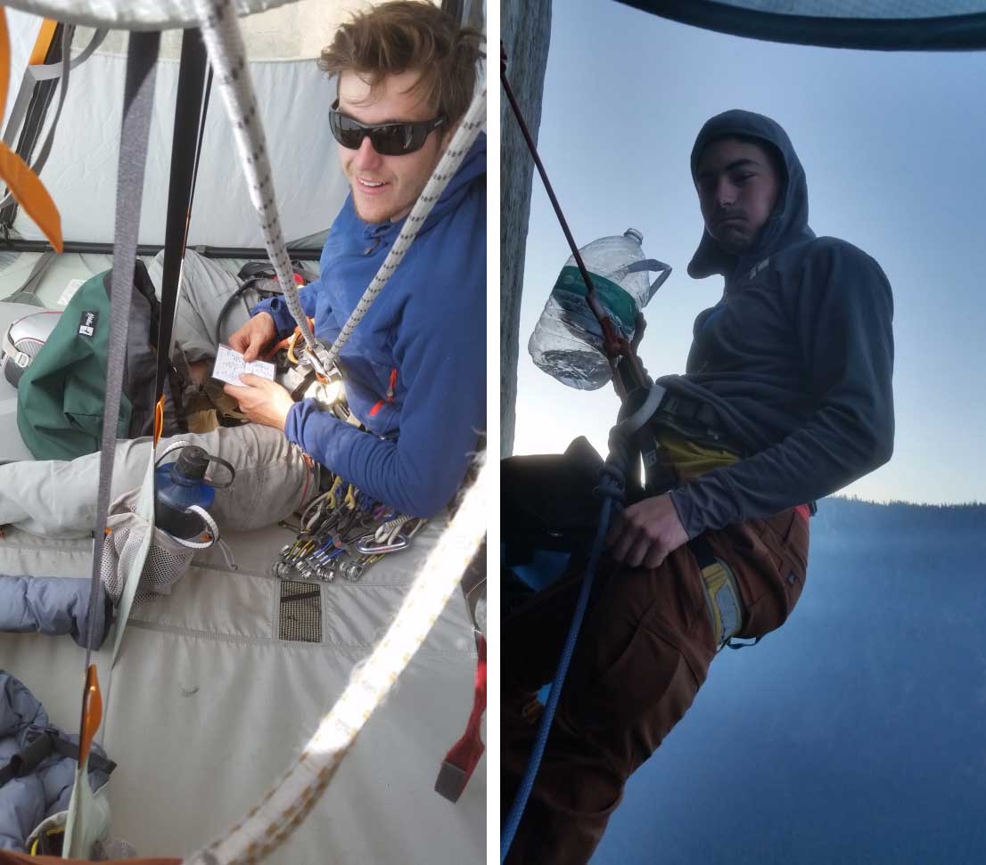 James Davidson and Axel Tritton on the exposed portaledge camp of The Shield, El Capitan
